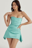 Lovefery Silky Satin Pleated Trim Corset Strapless Party Mini Dress - Turquoise