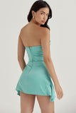 Lovefery Silky Satin Pleated Trim Corset Strapless Party Mini Dress - Turquoise