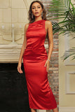 Lovefery Silky Satin Ruched High Slit Backless Midi Evening Dress - Red