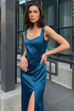 Lovefery Silky Satin Sleeveless Summer Split Cocktail Party Midi Dress - Royal Blue