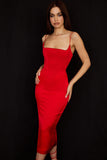 Lovefery Silky Satin Square Neck Cami Slip Cocktail Party Midi Dress - Red