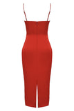 Lovefery Silky Satin Square Neck Cami Slip Cocktail Party Midi Dress - Red