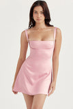 Lovefery Silky Satin Square Neck Suspender Strap Party Mini Dress - Pink