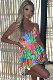 Lovefery Silky Satin Summer Patchwork Ruffle V Neck Tiered Mini Sundress - Floral