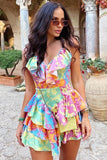 Lovefery Silky Satin Summer Patchwork Ruffle V Neck Tiered Mini Sundress - Floral