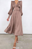 Lovefery Silky Satin V Neck Puff Sleeve Button Up French Shirt Midi Dress - Brown