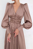 Lovefery Silky Satin V Neck Puff Sleeve Button Up French Shirt Midi Dress - Brown