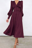 Lovefery Silky Satin V Neck Puff Sleeve Button Up French Shirt Midi Dress - Burgundy