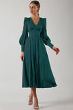 Lovefery Silky Satin V Neck Puff Sleeve Button Up French Shirt Midi Dress - Dark Green