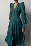 Lovefery Silky Satin V Neck Puff Sleeve Button Up French Shirt Midi Dress - Dark Green