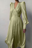 Lovefery Silky Satin V Neck Puff Sleeve Button Up French Shirt Midi Dress - Green