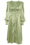 Lovefery Silky Satin V Neck Puff Sleeve Button Up French Shirt Midi Dress - Green