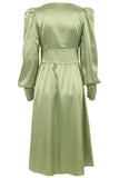 Lovefery Silky Satin V Neck Puff Sleeve Button Up French Shirt Midi Dress - Green