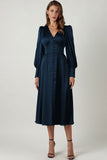 Lovefery Silky Satin V Neck Puff Sleeve Button Up French Shirt Midi Dress - Navy Blue