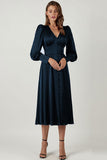 Lovefery Silky Satin V Neck Puff Sleeve Button Up French Shirt Midi Dress - Navy Blue