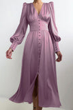 Lovefery Silky Satin V Neck Puff Sleeve Button Up French Shirt Midi Dress - Purple