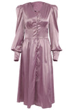 Lovefery Silky Satin V Neck Puff Sleeve Button Up French Shirt Midi Dress - Purple