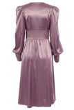 Lovefery Silky Satin V Neck Puff Sleeve Button Up French Shirt Midi Dress - Purple