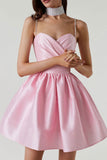 Lovefery Silky Sweetheart Spaghetti Strap Pleated Satin Skater Mini Dress - Pink