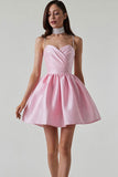 Lovefery Silky Sweetheart Spaghetti Strap Pleated Satin Skater Mini Dress - Pink