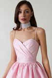 Lovefery Silky Sweetheart Spaghetti Strap Pleated Satin Skater Mini Dress - Pink