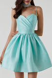 Lovefery Silky Sweetheart Spaghetti Strap Pleated Satin Skater Mini Dress - Teal