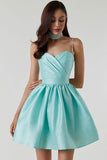 Lovefery Silky Sweetheart Spaghetti Strap Pleated Satin Skater Mini Dress - Teal