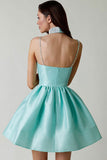 Lovefery Silky Sweetheart Spaghetti Strap Pleated Satin Skater Mini Dress - Teal