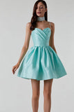 Lovefery Silky Sweetheart Spaghetti Strap Pleated Satin Skater Mini Dress - Teal