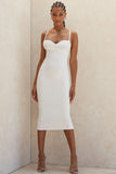 Lovefery Spaghetti Strap Sweetheart Neck Bodycon Midi Dress - White