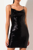 Lovefery Sparkly Backless Scoop Neck Spaghetti Strap Sequin Mini Dress - Black