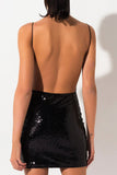 Lovefery Sparkly Backless Scoop Neck Spaghetti Strap Sequin Mini Dress - Black