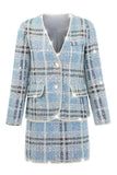 Sparkly Beaded Detail Plaid Tweed Jacket Two Piece Mini Dress - Blue