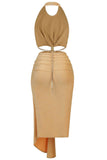 lovefery Sparkly Chain Link Cutout Draped Halter Midi Dress - Champagne