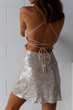 Lovefery Sparkly Crisscross Backless Cowl Neck Sequin Mini Dress - Champagne