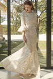 Lovefery Sparkly Deep V Back Bell Sleeve Fishtail Sequin Formal Maxi Dress - Champagne