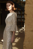 Lovefery Sparkly Deep V Back Bell Sleeve Fishtail Sequin Formal Maxi Dress - Champagne