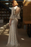 Lovefery Sparkly Deep V Back Bell Sleeve Fishtail Sequin Formal Maxi Dress - Champagne