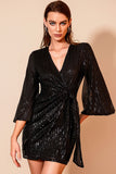 Lovefery Sparkly Deep V Bishop Sleeve Tie Waist Bodycon Sequin Party Mini Dress - Black