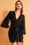 Lovefery Sparkly Deep V Bishop Sleeve Tie Waist Bodycon Sequin Party Mini Dress - Black