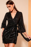 Lovefery Sparkly Deep V Bishop Sleeve Tie Waist Bodycon Sequin Party Mini Dress - Black