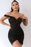 Lovefery Sparkly Deep V Off The Shoulder Ruched Bodycon Party Mini Dress - Black