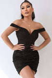 Lovefery Sparkly Deep V Off The Shoulder Ruched Bodycon Party Mini Dress - Black