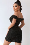 Lovefery Sparkly Deep V Off The Shoulder Ruched Bodycon Party Mini Dress - Black