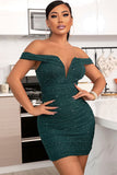 Lovefery Sparkly Deep V Off The Shoulder Ruched Party Mini Dress - Emerald Green