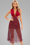 Lovefery Sparkly Deep V Sequin Embellished Cutout Cocktail Midi Dress - Burgundy