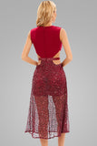 Lovefery Sparkly Deep V Sequin Embellished Cutout Cocktail Midi Dress - Burgundy