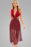 Lovefery Sparkly Deep V Sequin Embellished Cutout Cocktail Midi Dress - Burgundy