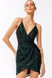 Lovefery Sparkly Deep V Spaghetti Strap Draped Ruffle Sequin Party Mini Dress - Dark Green