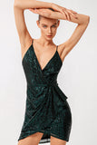 Lovefery Sparkly Deep V Spaghetti Strap Draped Ruffle Sequin Party Mini Dress - Dark Green